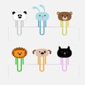 Paperclips set with animal heads. Panda, rabit, dog, cat, lion, bear. Flat design. Royalty Free Stock Photo