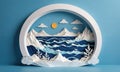 A papercraft scene of mountains, waves, and clouds against a blue backdrop Royalty Free Stock Photo
