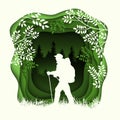 Forest wilderness landscape. People with backpacks silhouettes. Abstract 3D background. Paper cut shapes. Royalty Free Stock Photo