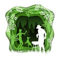 Forest wilderness landscape. Silhouettes of resting people, doggy, barbecue. Abstract 3D background. Paper cut shapes.