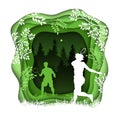 Forest wilderness landscape. Silhouettes of resting people. Badminton players. Abstract 3D background. Paper cut shapes.