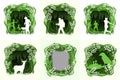 Set of forest wilderness landscapes. Silhouettes of animals, birds, resting people. Abstract 3D backgrounds. Paper cut shapes.