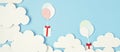 Papercut balloons and Gift Box floating in blue sky with clouds. Happy Bithday, Merry Christmas festive poster