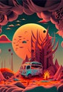 Papercut caravan in the woods with big sunset and cloud background. Generative AI illustration. Royalty Free Stock Photo