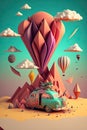 Papercut caravan in the woods with big sunset and cloud background. Generative AI illustration. Royalty Free Stock Photo