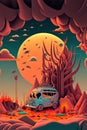Papercut caravan in the woods with big sunset and cloud background. Generative AI illustration. Royalty Free Stock Photo