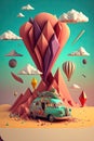 Papercut caravan in the woods with big sunset and cloud background. Generative AI illustration.