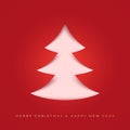 Papercut Christmas tree on a red background. New year background. Design elements for holiday card