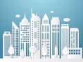 Papercut city. Origami urban landscape white silhouettes with shadows business offices outdoor vector wallpaper