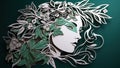 Papercut head with green leaves and flowers. Mental health, emotional wellness, contented emotions, self care, psychology, green