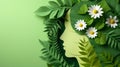 Papercut head with green leaves and flowers. Royalty Free Stock Photo