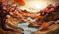 papercut landscape with tree, river Royalty Free Stock Photo