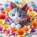 Papercut Petals: Kirigami Kitty Posing in Flower Symphony