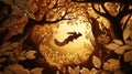 Magical Forest Entrance with Flying Squirrel and Golden Leaves Royalty Free Stock Photo