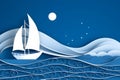 papercut style of boat on sea and rain, waterdrop, blue and white color, Generated AI Royalty Free Stock Photo