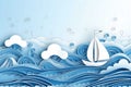 papercut style of boat on sea rain, waterdrop, blue and white color, Generated AI Royalty Free Stock Photo