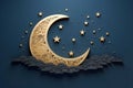 papercut style of crescent moon cloudy star dark blue background, Generated AI