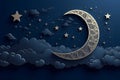 papercut style crescent moon cloudy star dark blue background, Generated AI