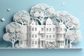 Papercut style of ecosystem concept, tree, building, winter landscape with houses, AI generated