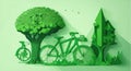 papercut style of egosystem concept,tree,building and bicycle,green color, Generative AI