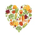 Papercut style vegetables heart shape composition. Organic vegetables.