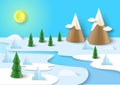 Papercut winter river vector mountain 3d landscape