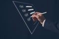 paperless concept. businessman holding pen signing on electronic form documentation checklist,
