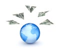 Paperplanes made from dollars and a globe. Royalty Free Stock Photo
