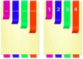 Papers with bright colored and folded bookmarks, vertical