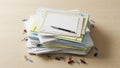 Papers on a wooden desk includes various types of documents such as grid Royalty Free Stock Photo