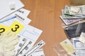 Paperwork during crime scene investigation process in csi laboratory. Evidence labels with fingerprint applicant and many Royalty Free Stock Photo