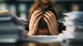 Paperwork Overload: Woman with Hands Clasped on Head Royalty Free Stock Photo