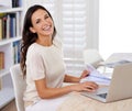 Paperwork, smile and portrait of woman with laptop working on creative project at home office. Happy, technology and Royalty Free Stock Photo