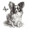 Papillon dog, engaving style, close-up portrait, black and white drawing Royalty Free Stock Photo