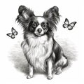Papillon dog, engaving style, close-up portrait, black and white drawing Royalty Free Stock Photo
