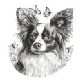 Papillon dog, engaving style, close-up portrait, black and white drawing Royalty Free Stock Photo