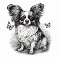 Papillon dog, engaving style, close-up portrait, black and white drawing Royalty Free Stock Photo