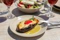 Papoutsakia stuffed eggplants dish of greek cuisine. Royalty Free Stock Photo