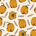 Paprika pattern, seamless background with hand drawing sweet bell peppers