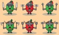 Cartoon Paprika knight with dual weapon set. hand up pose.