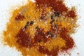 Paprika, Turmeric, black pepper, salt and Cumin on a white background.