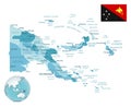 Papua New Guinea administrative blue-green map with country flag and location on a globe
