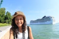 Papuan girl with ocean ship behind Royalty Free Stock Photo