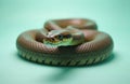 Papuan olive python coiled on light green surface. Reptile shows scales and patterned skin. Snake has alert expression, visible Royalty Free Stock Photo