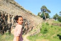 Serious girl walking on castle Girls Stone Royalty Free Stock Photo