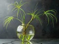 Papyrus plant grows in glass vase with water.