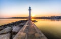 Paquis Lighthouse at Sunrise, Geneva Royalty Free Stock Photo