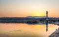 Paquis Lighthouse at Sunrise, Geneva Royalty Free Stock Photo