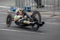 A Para Cyclist riding a handcycle races along Pulteney Street in Adelaide.