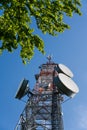 Parabolic antennas on steel communications tower under blue sky with tree branch Royalty Free Stock Photo